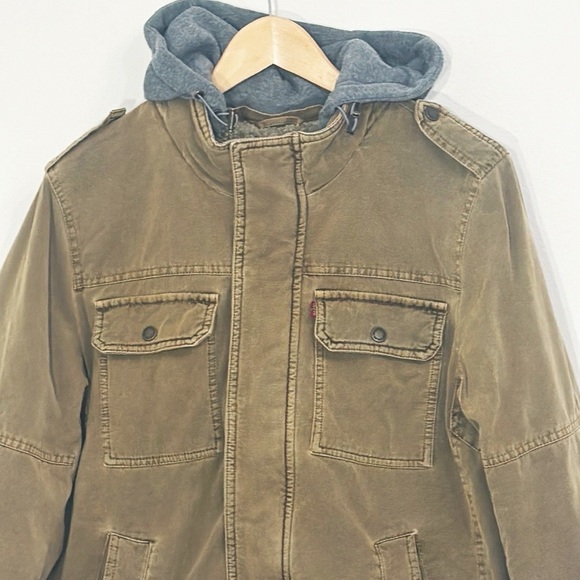 LEVI’S Washed Cotton Brown Jacket Removable Hood Snap/Zipper Front Size Small - Picture 3 of 14